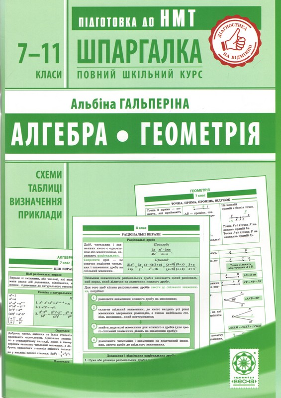 Шпаргалка. Алгебра. Геометрія. 7-11 класи. Схеми і таблиці. Визначення. Приклади